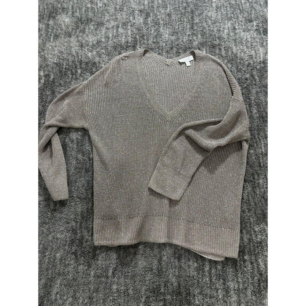 White House Black Market Linen Blend V Neck Sweater Womens 14 Metallic Knit